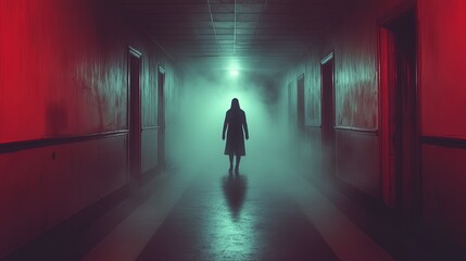 A ghostly silhouette standing at the end of a long, dimly lit hallway, chilling and suspenseful 