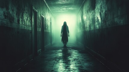 A ghostly silhouette standing at the end of a long, dimly lit hallway, chilling and suspenseful 