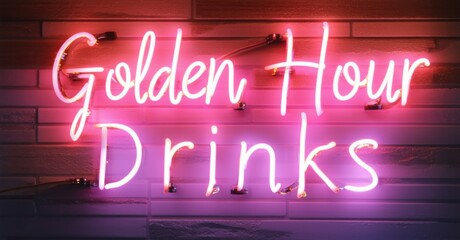 Obraz premium Neon sign glowing in warm golden hues, highlighting the phrase golden hour drinks against a textured brick wall, creating a cozy and inviting ambiance perfect for social gatherings