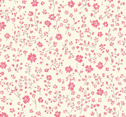 A cute, pastel pink and white, tiny floral pattern on a cream background. 