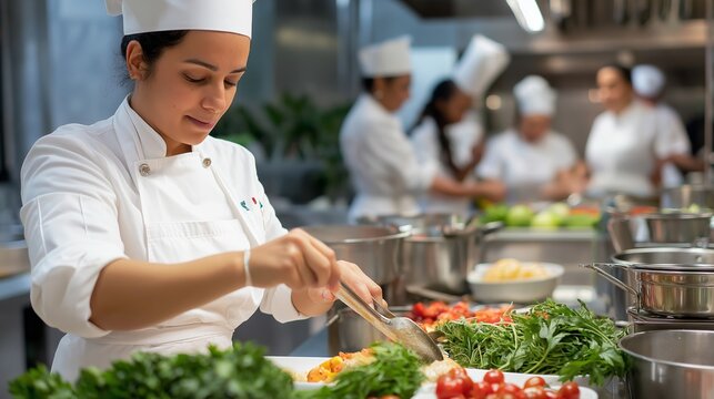 Culinary students practice food preparation skills in a professional kitchen during a cooking class in the early afternoon