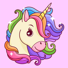 Multicolored unicorn on a pink background. For postcards, posters, children's publications and more.