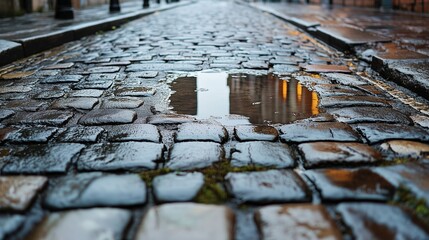 A rainy day captures a reflection on cobblestone pavement, showcasing an urban street's timeless charm and tranquility.