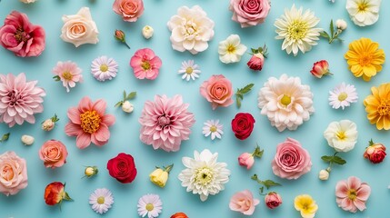 A vibrant assortment of various flowers artfully arranged on a light blue backdrop, showcasing diversity and beauty in floral design.