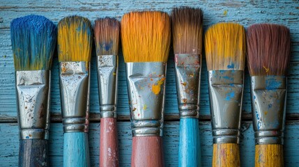 Fototapeta premium Colorful paintbrushes on rustic wood; art supplies