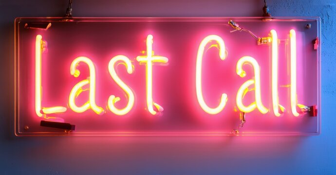 Neon sign glowing with last call text in warm pink and yellow hues, creating a vibrant nightlife ambiance, symbolizing the final round of drinks before closing time