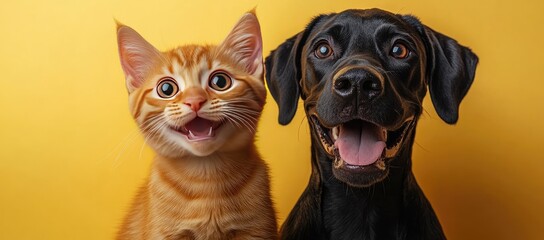 Fototapeta premium Close up portrait of a happy ginger kitten and a black dog against a bright yellow background, both with mouths open in expression. The animals are looking directly at the camera