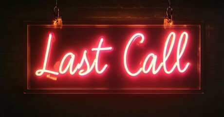 Illuminated neon sign reading last call glowing in warm pink and orange hues, mounted on a dark background, creating a moody bar atmosphere with vintage aesthetics