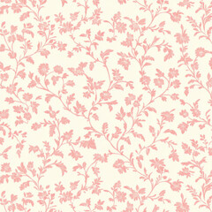 flat illustration, textile design, small repeating floral orleans toile pattern in light pink, cream color background 