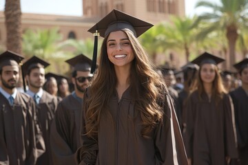 Fototapeta premium happy Spanish woman in a graduate hat and a robe smiles at camera against the background of the setting sun and palm trees, graduating from high school or college. education. freedom, career