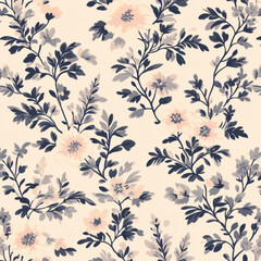 Fototapeta premium flat illustration, textile design, small repeating floral orleans toile pattern in light pink, cream color background 