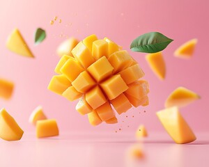 Floating mango pieces set against a pastel pink background, with modern aesthetics and ample room for fruit advertising text