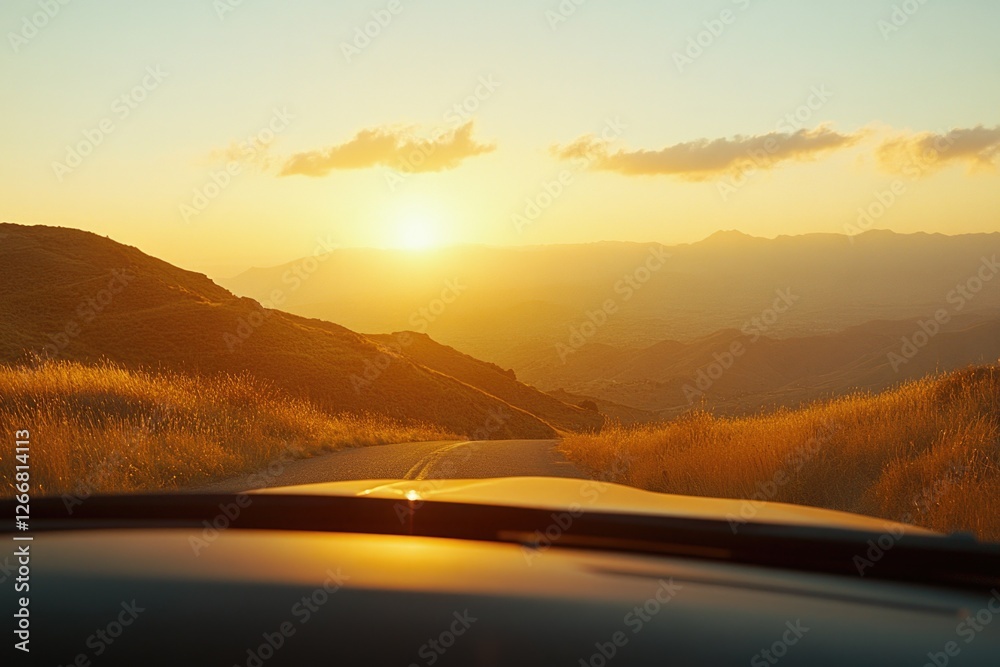 Poster A serene landscape with the sun setting behind distant mountains, ideal for use as a backdrop or atmospheric image