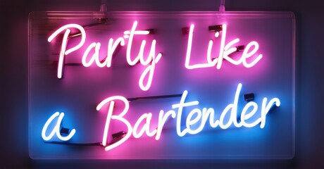 Neon sign reading Party Like a Bartender glows in pink and blue cursive letters, mounted on a sleek dark surface, creating a vibrant nightlife-inspired illuminated display