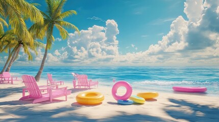 Pink chairs, beach, ocean, inflatable rings, sunny day, tropical vacation