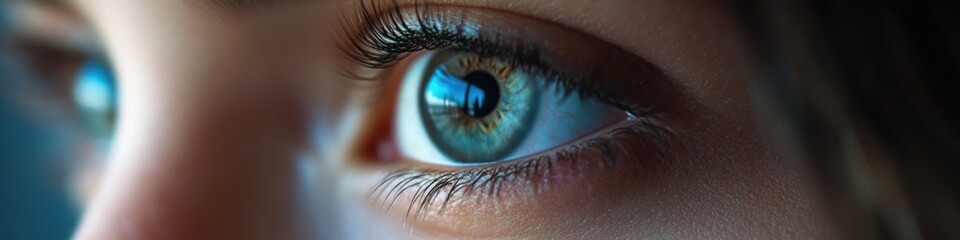 A detailed view of a woman's blue eye, highlighting the natural beauty and color