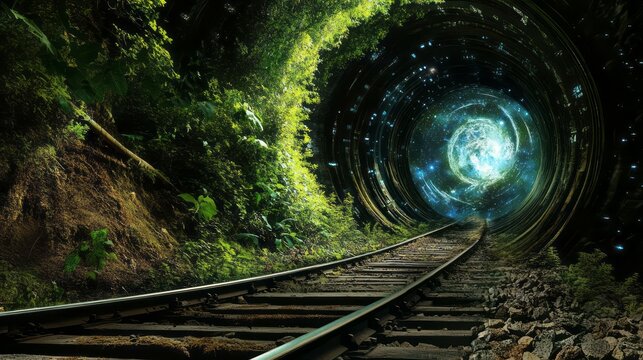 The railroad track leading into an ancient and mystical tunnel filled with lush greenery, where at its end is a portal to another world with galaxies swirling within it.