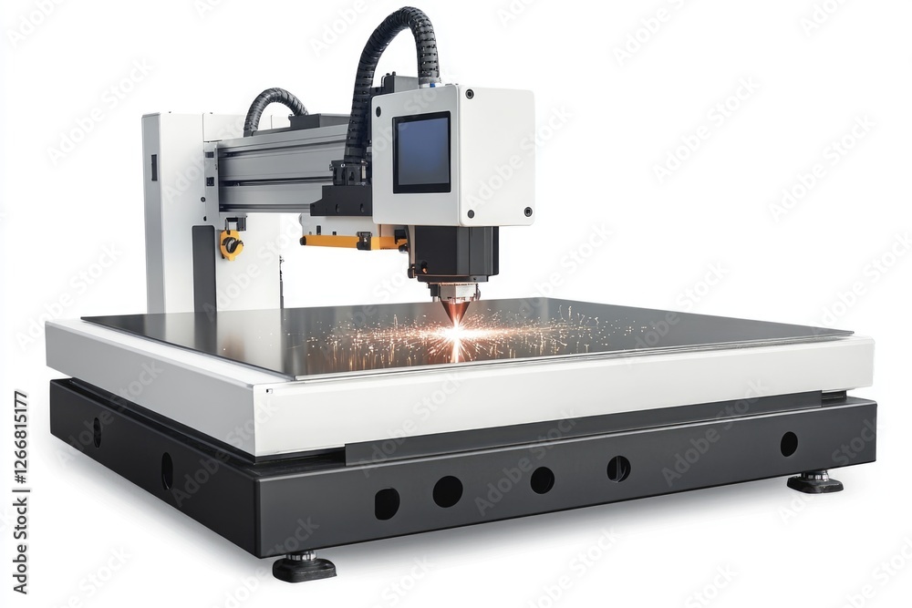 Poster a machine cutting a piece of metal in a workshop or factory setting