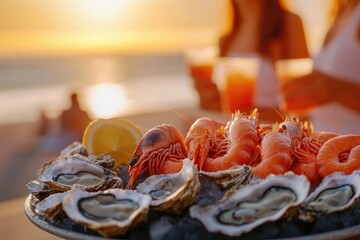 A platter of fresh seafood on a sunny beach, perfect for a coastal picnic or outdoor gathering