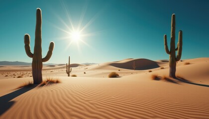 A sunlit desert landscape with tall cacti, rolling sand dunes, and sparse vegetation under a clear blue sky. Perfect for World Tourism Day, showcasing the beauty of arid environments