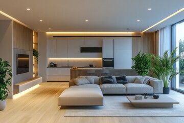 Fototapeta premium Spacious living room features sleek furniture, soft lighting, and lush greenery, creating a harmonious and inviting atmosphere for relaxation