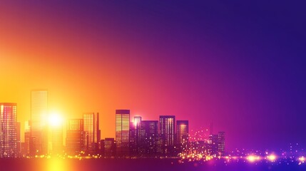 Vibrant city skyline at sunset with glowing light reflecting on the water