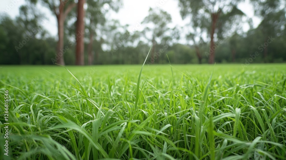 Poster Field of green grass with trees in the background