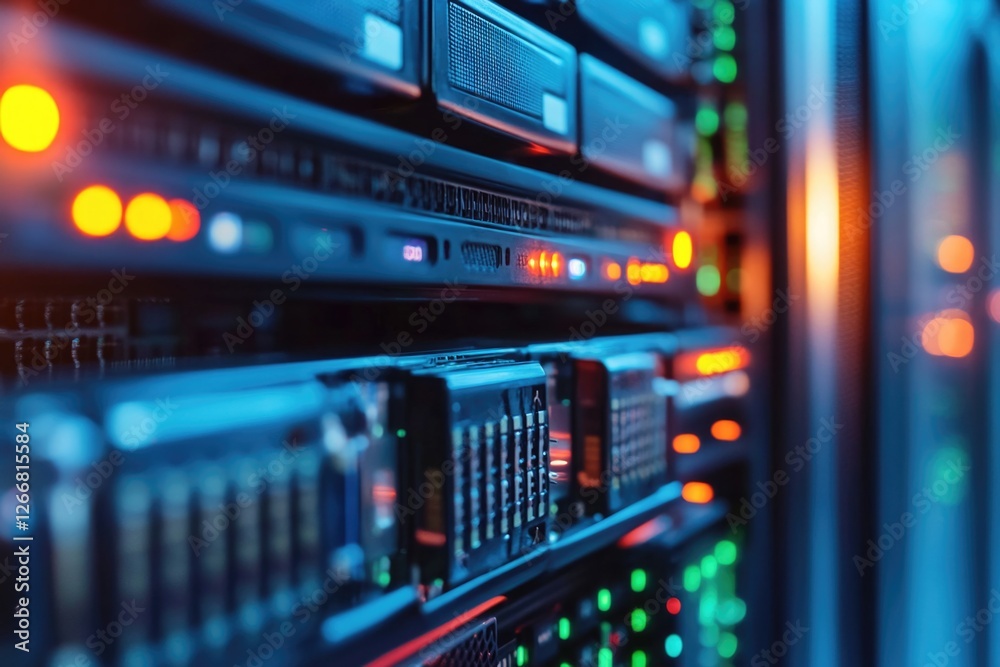Poster row of servers in a server room, suitable for it, technology and business use