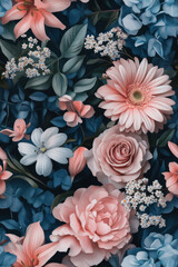 A seamless pattern of a beautiful floral design in various shades of pink, blue, and grey on an indigo background. The flowers should include roses, peonies,