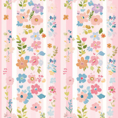 pink background with colourful flowers and vertical stripes 