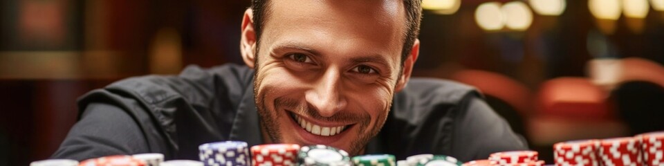 Fototapeta premium A person sitting in front of a stack of poker chips, surrounded by game atmosphere