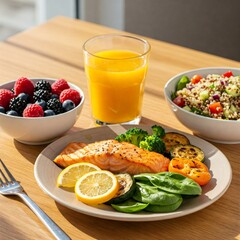 Grilled salmon with vegetables, berries, quinoa salad and orange juice composing a healthy meal