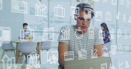 Image of business icons over caucasian colleagues having image call in office