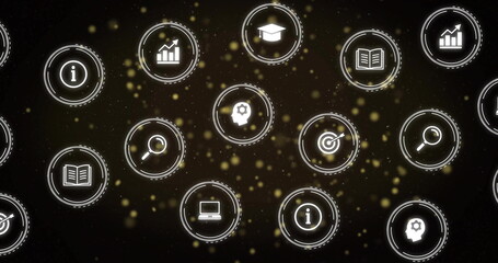 Image of network of icons and digital data processing over black background