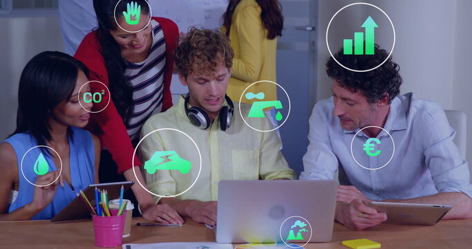 Image of eco icons and data processing over diverse business people in office