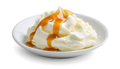 Whipped Cream with Caramel Sauce Drizzle on a White Plate