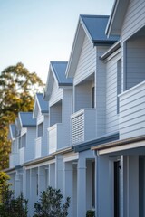 Obraz premium A line of single-family homes with white facades, often used for architecture or real estate photography