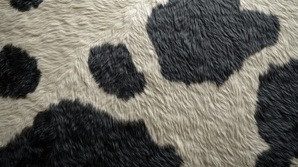 Realistic cowhide pattern with black and white spots, showcasing detailed fur textures, natural variations, and subtle shadows. A rustic and warm design perfect for interior decor and prints.