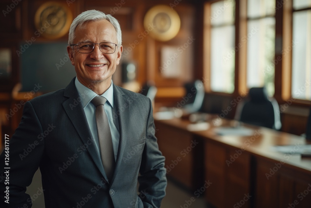 Poster a person in a suit and tie stands in an office setting