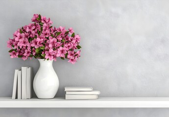Fototapeta premium Elegant Pink Flowers in White Vase on Shelf Against Gray Wall