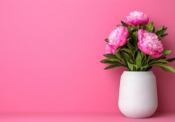 Fototapeta premium Beautiful Pink Peonies in Modern White Vase on Pink Background