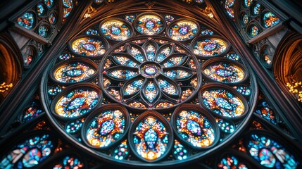 Colorful rose window, gothic church interior, light shines through, architectural detail, religious heritage