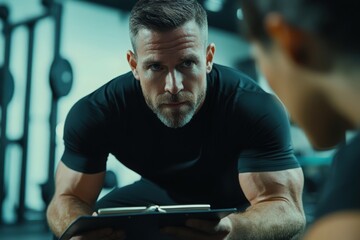 A male personal trainer holding a clipboard while observing a client doing push-ups in a modern gym. Ideal for fitness blogs, training programs, workout guides, health promotions, and sports related 