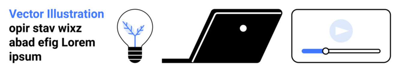 Lightbulb with a branch inside, sleek open laptop, and minimalistic video player bar. Ideal for innovation, creativity, education, e-learning, technology, digital development abstract line flat