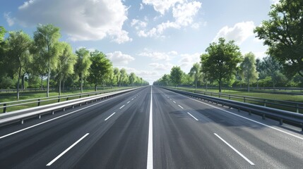 A serene highway surrounded by lush greenery under a clear blue sky, ideal for travel and scenic routes