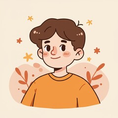 Charming Cartoon Illustration of a Smiling Boy with Autumn Leaves and Flowers, Perfect for Children's Books and Educational Materials