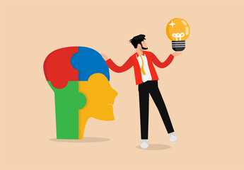 Brainstorm, a young man in a red suit standing holding his head and a lamp to solve a problem or come up with an idea. Flat design, vector, illustration