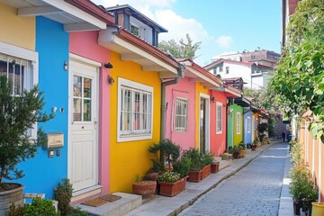 Fototapeta premium Row of colorful houses on a narrow street with unique architecture and cozy atmosphere