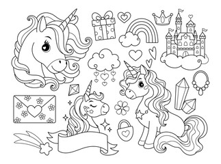 Set with unicorns, hearts, clouds, rainbows and other elements. For T-shirts, textiles, cards, posters, coloring books.
