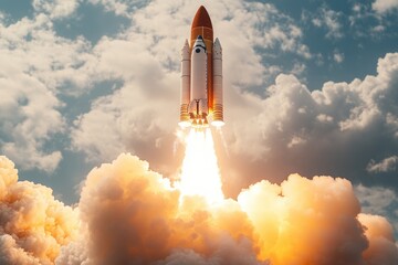 A space shuttle lifting off from Earth's surface